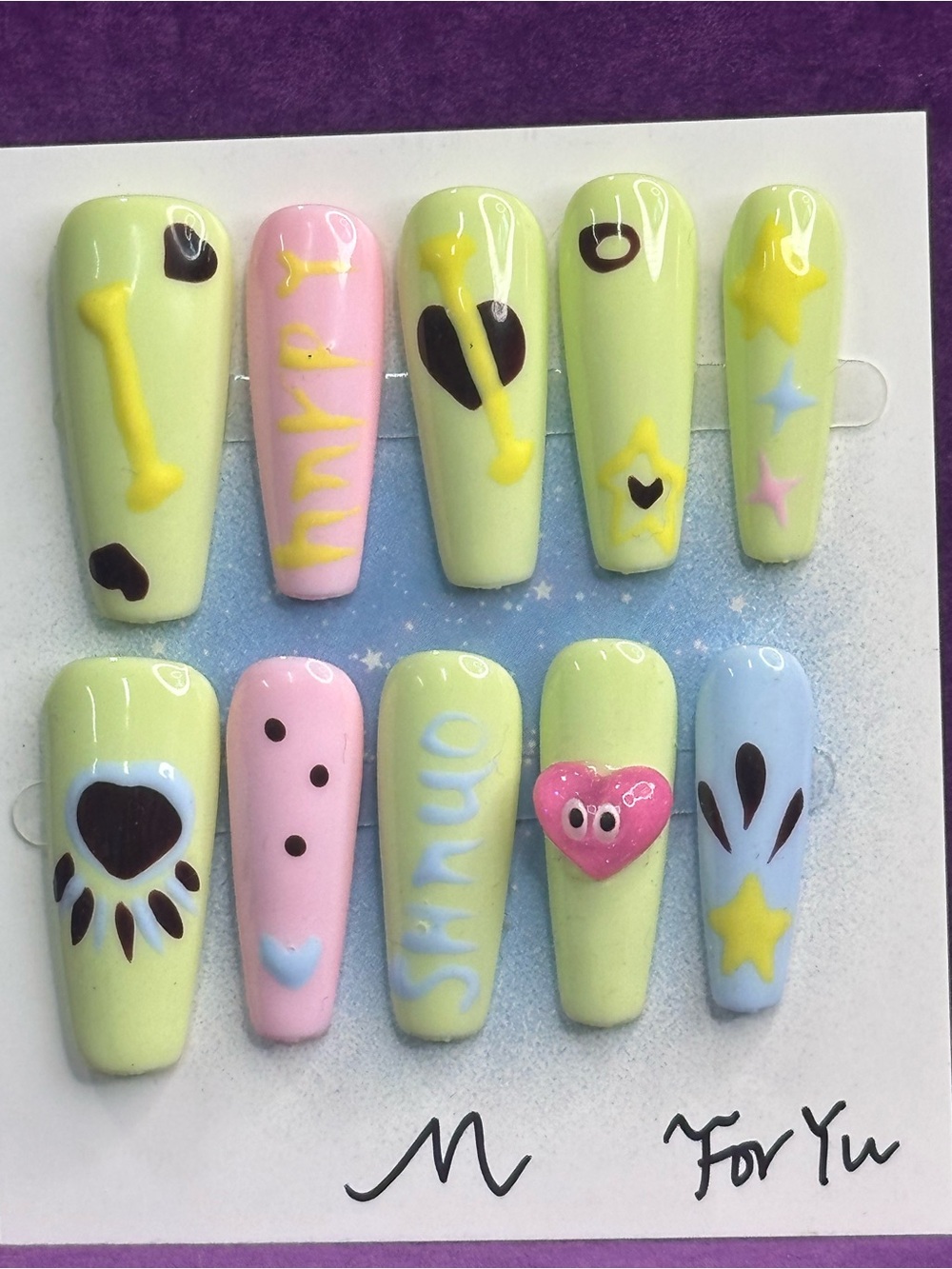 pastel bone & paw print press-on nail set, size M 🐥